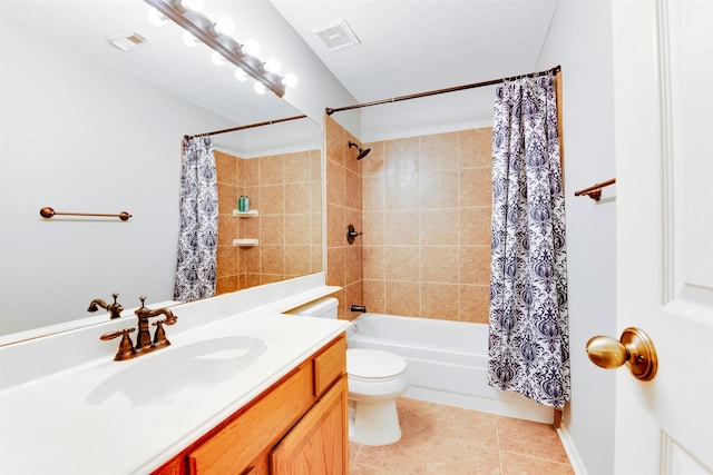 full bathroom with visible vents, shower / bath combo, tile patterned flooring, a textured ceiling, and toilet