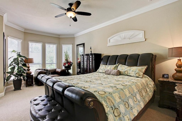 12610 Blanco Terrace Ln, Houston, TX 77041 - bedroom with light carpet, crown molding, baseboards, and a ceiling fan