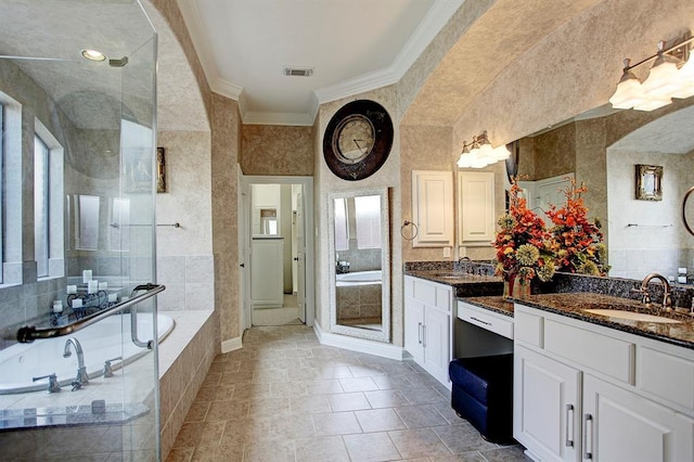 12610 Blanco Terrace Ln, Houston, TX 77041 - bathroom with crown molding, tiled shower, a garden tub, and vanity