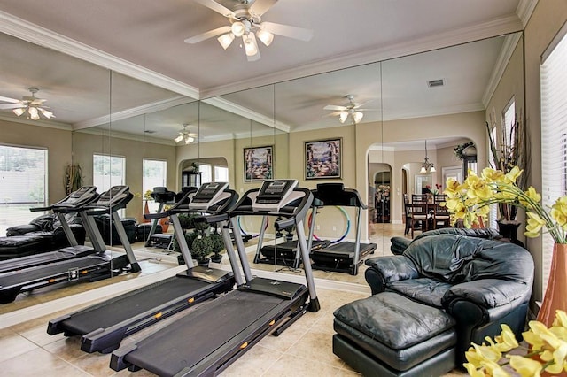 12610 Blanco Terrace Ln, Houston, TX 77041 - exercise room with arched walkways, light tile patterned floors, ceiling fan, and crown molding