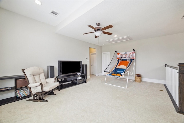 sitting room with visible vents, baseboards, carpet, recessed lighting, and a ceiling fan