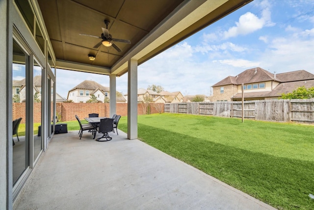 view of patio / terrace featuring ceiling fan, a residential view, and a fenced backyard