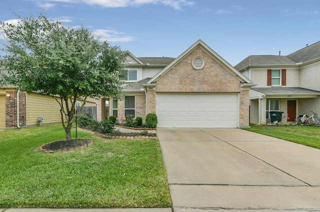 view of front of property featuring a front lawn, concrete driveway, brick siding, and an attached garage