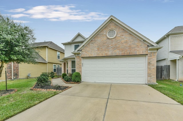 view of front facade featuring a garage, concrete driveway, a front yard, and fence