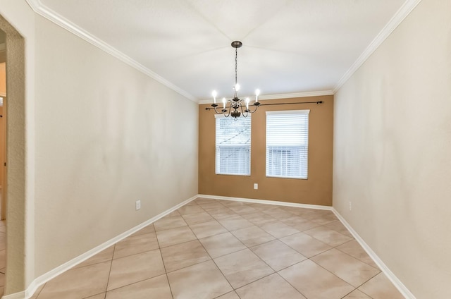 3034 Thicket Path Way, Katy, TX 77493 - spare room featuring light tile patterned floors, baseboards, an inviting chandelier, and crown molding