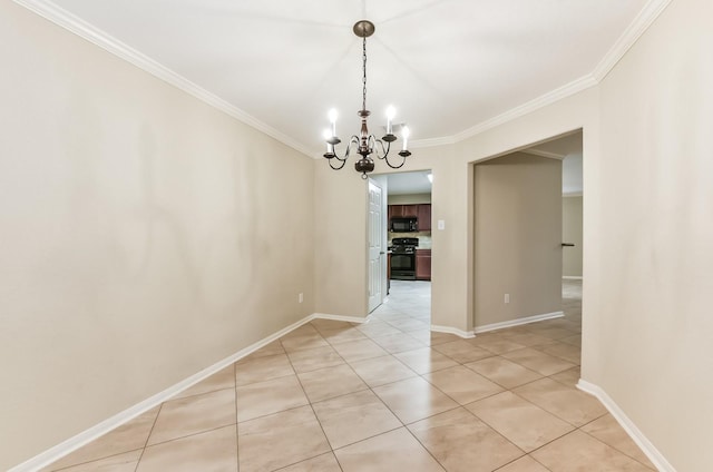 3034 Thicket Path Way, Katy, TX 77493 - unfurnished room with light tile patterned floors, baseboards, an inviting chandelier, and ornamental molding
