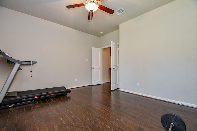 30903 Roanoak Woods Dr, Tomball, TX 77375 - exercise room with ceiling fan, baseboards, visible vents, and wood finished floors