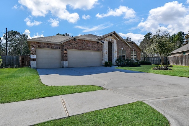 ranch-style home featuring brick siding, an attached garage, concrete driveway, and a front yard