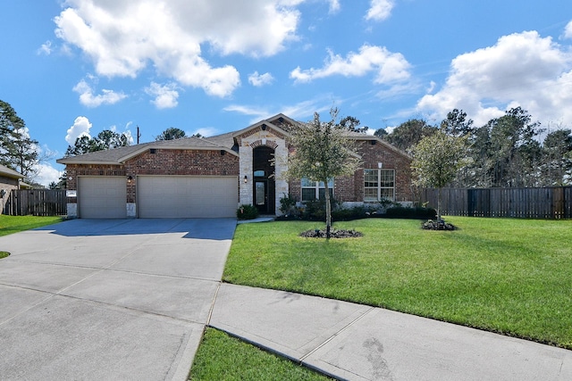 view of front of property with a front yard, fence, concrete driveway, a garage, and brick siding