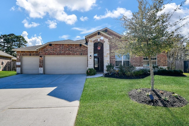 view of front of house with a front lawn, fence, concrete driveway, a garage, and brick siding