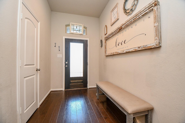 foyer entrance with baseboards and dark wood-style flooring