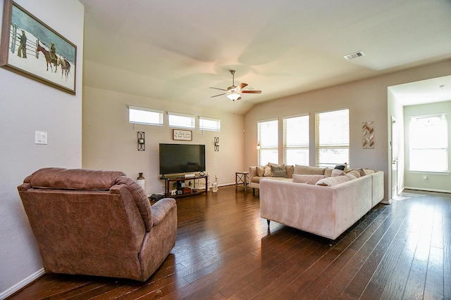 30903 Roanoak Woods Dr, Tomball, TX 77375 - living room with a ceiling fan, dark wood-style flooring, baseboards, and visible vents