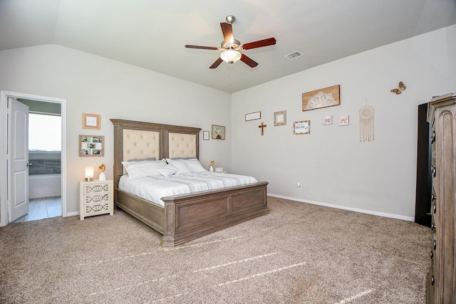 bedroom with visible vents, lofted ceiling, carpet floors, baseboards, and ceiling fan