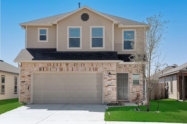 view of front of home featuring stone siding, a front lawn, concrete driveway, and a garage