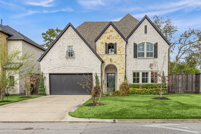 french country inspired facade with a front lawn, stone siding, fence, concrete driveway, and a garage