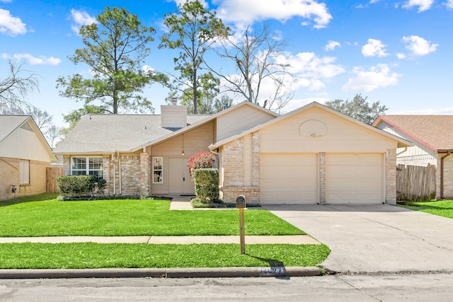 mid-century inspired home featuring fence, concrete driveway, a front lawn, a garage, and brick siding