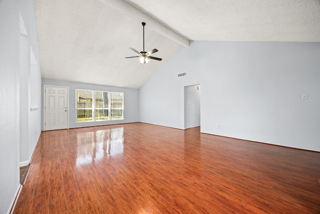 unfurnished living room with visible vents, beam ceiling, wood finished floors, a textured ceiling, and a ceiling fan