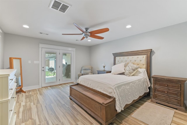 bedroom with recessed lighting, visible vents, light wood-style floors, and access to exterior