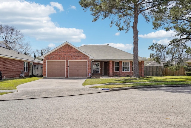 single story home with fence, driveway, a front lawn, a garage, and brick siding