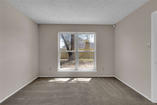 empty room with carpet, baseboards, and a textured ceiling