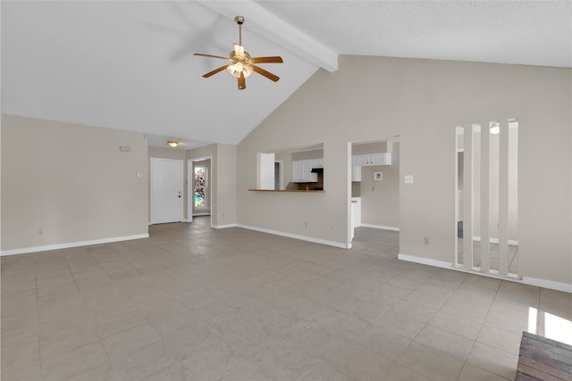 unfurnished living room with beam ceiling, baseboards, ceiling fan, and light tile patterned flooring