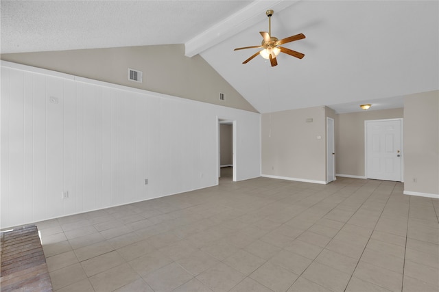 unfurnished room featuring beamed ceiling, visible vents, high vaulted ceiling, and ceiling fan