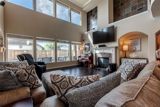 living room featuring a tiled fireplace and wood finished floors