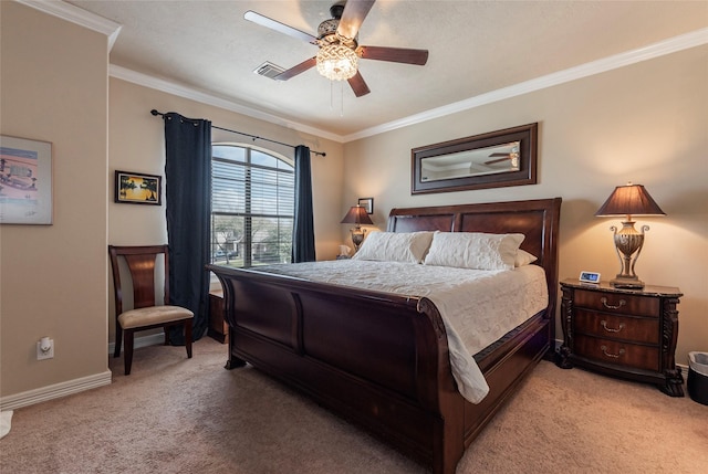 bedroom featuring visible vents, baseboards, light colored carpet, and crown molding