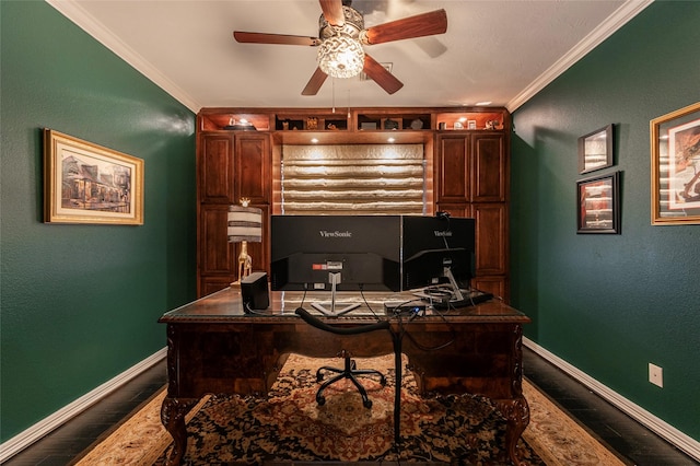 office area featuring ceiling fan, wood finished floors, baseboards, and ornamental molding