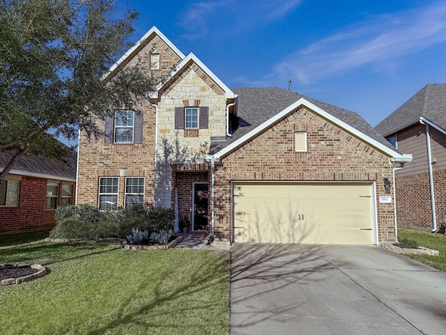 traditional home with a front yard, an attached garage, brick siding, and driveway