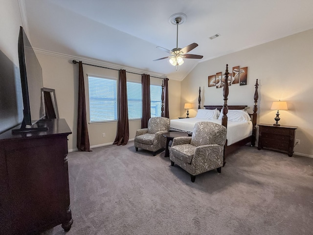 carpeted bedroom featuring lofted ceiling, visible vents, baseboards, and ceiling fan