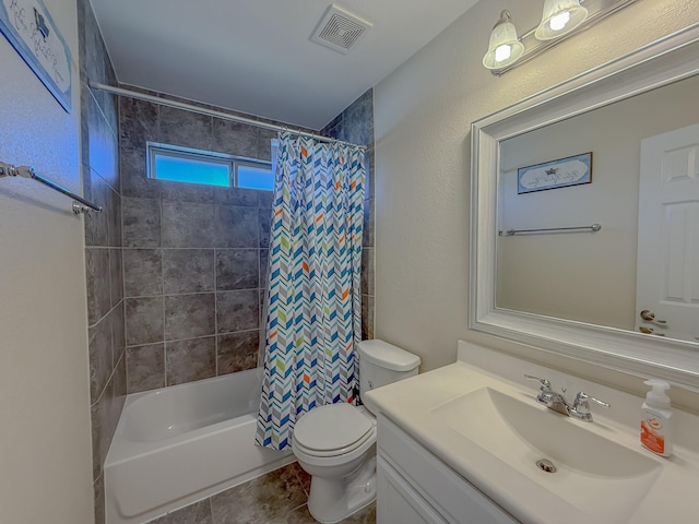 bathroom with shower / bath combo with shower curtain, visible vents, toilet, and vanity