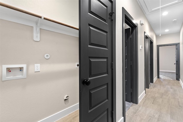 corridor with light wood finished floors, recessed lighting, attic access, and baseboards