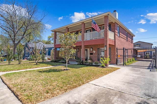 view of front of property featuring a front yard, a gate, fence, driveway, and brick siding