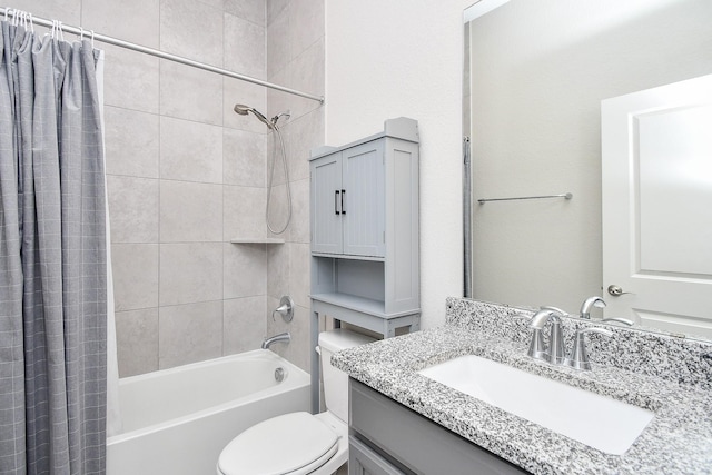 full bath featuring vanity, toilet, and shower / tub combo with curtain