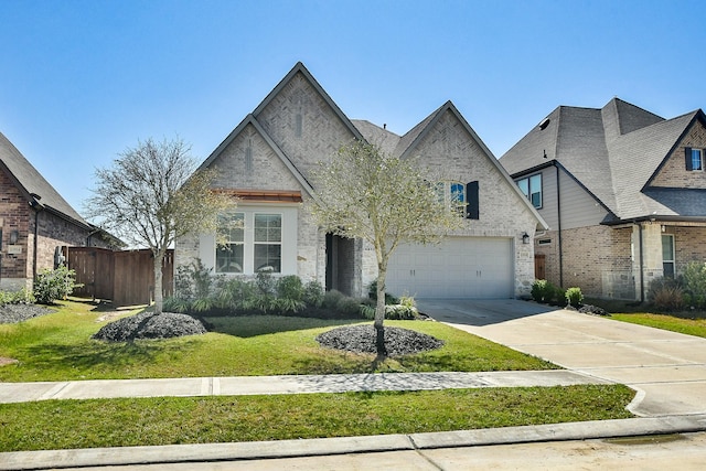 french country inspired facade with concrete driveway, fence, and a front yard