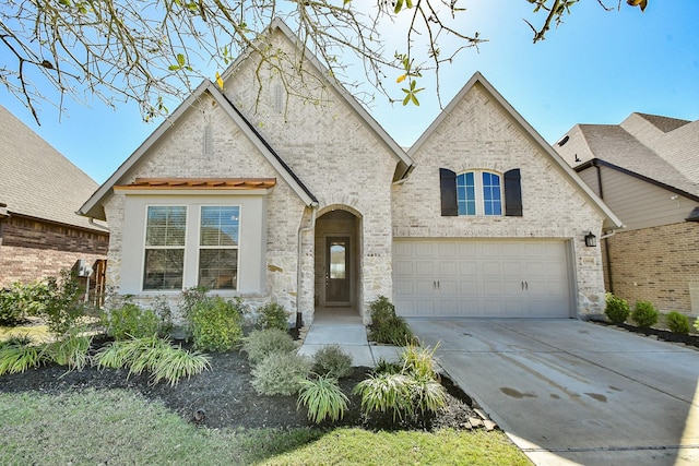 french country home with concrete driveway, brick siding, and a garage