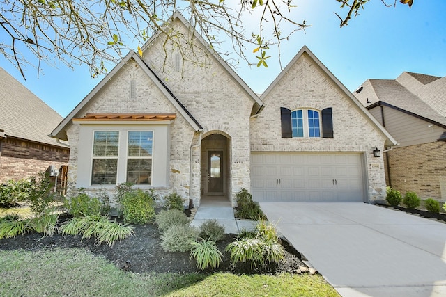 french country style house with brick siding, a garage, and driveway