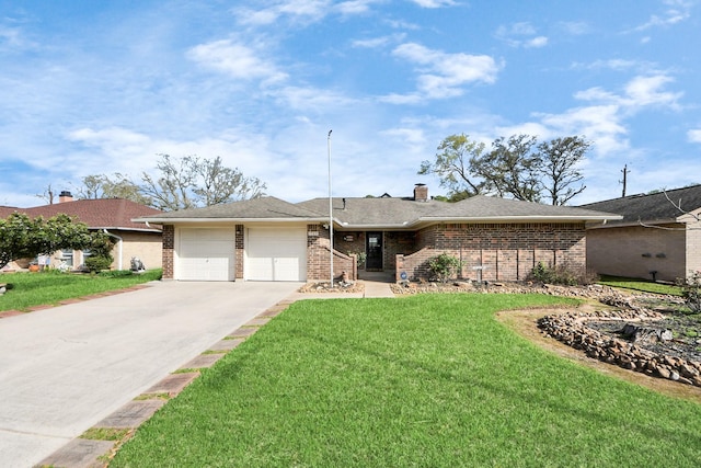 ranch-style house with brick siding, driveway, a front yard, and a garage