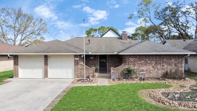 ranch-style house with brick siding, an attached garage, roof with shingles, and driveway