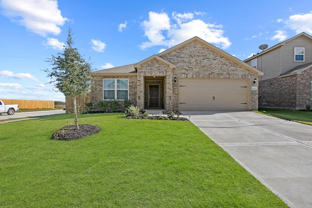 single story home with fence, concrete driveway, an attached garage, a front yard, and brick siding