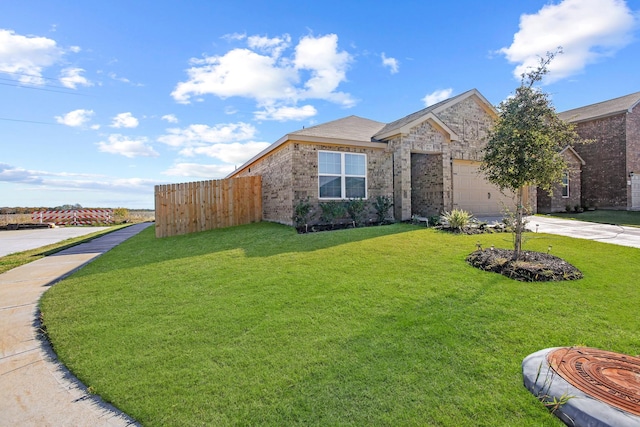 view of front of house featuring fence, concrete driveway, a front lawn, a garage, and brick siding