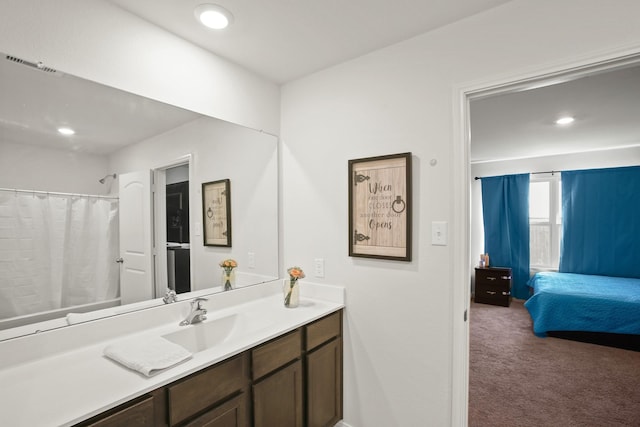 ensuite bathroom featuring visible vents, ensuite bath, recessed lighting, a shower with shower curtain, and vanity