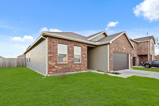 single story home with driveway, fence, a front yard, a garage, and brick siding