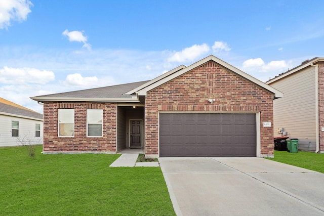 single story home featuring brick siding, a front yard, roof with shingles, a garage, and driveway