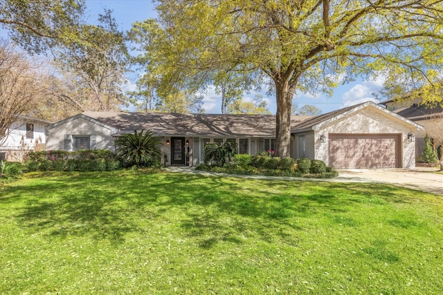 single story home with concrete driveway, an attached garage, brick siding, and a front yard