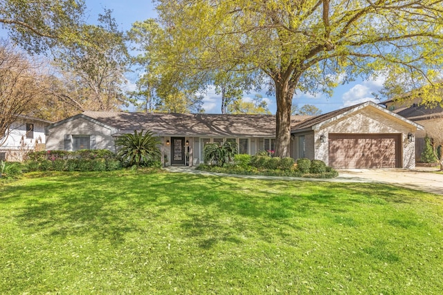 ranch-style house with concrete driveway, a garage, brick siding, and a front lawn