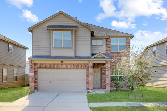 view of front of home with brick siding, concrete driveway, a front lawn, and a shingled roof