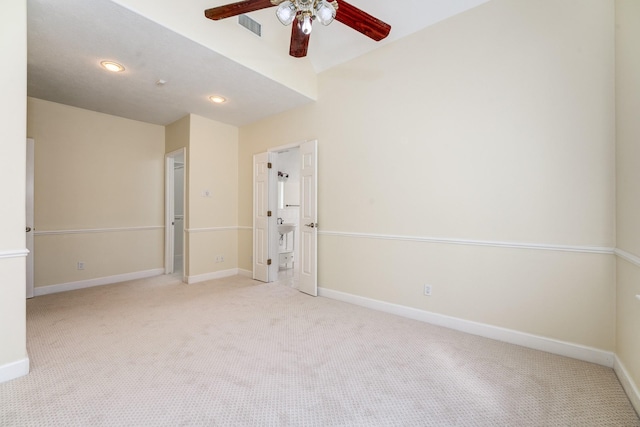 empty room featuring a ceiling fan, visible vents, baseboards, recessed lighting, and carpet flooring