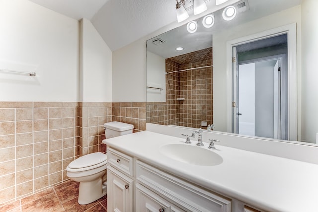 full bathroom featuring visible vents, tile patterned flooring, walk in shower, tile walls, and toilet